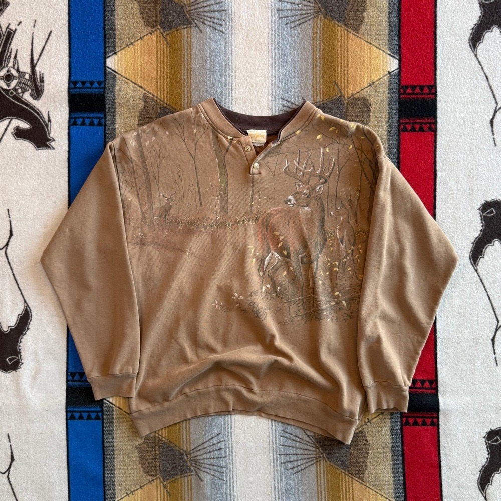 Artisans Mens Deer Graphic Henley Sweatshirt Tan XL Wildlife Cabin Pullover